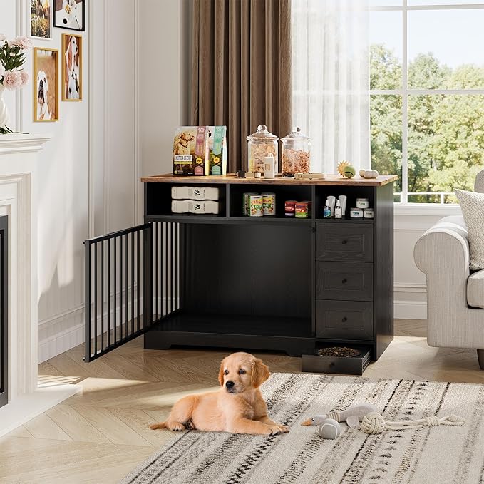 48'' Dog Crate Furniture, Farmhouse Heavy Duty Dog Kennel with Bowl & Storage Drawers, Medium Dog Cage End Table for Small Medium Dogs, Black