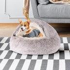 Round Hooded Cat Bed & Dog Bed with Cover Cave, Dog Bed for Small Dogs, Faux Fur Cuddler Round Coved Cat Bed Self Warming Donut Dog Bed Fits up to 22 lbs Pets(Coffee, 24inch x 24inch)