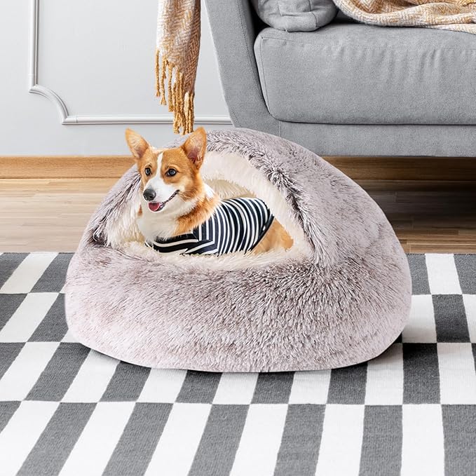 Round Hooded Cat Bed & Dog Bed with Cover Cave, Dog Bed for Small Dogs, Faux Fur Cuddler Round Coved Cat Bed Self Warming Donut Dog Bed Fits up to 5 lbs Pets(Coffee, 16inch x 16inch)
