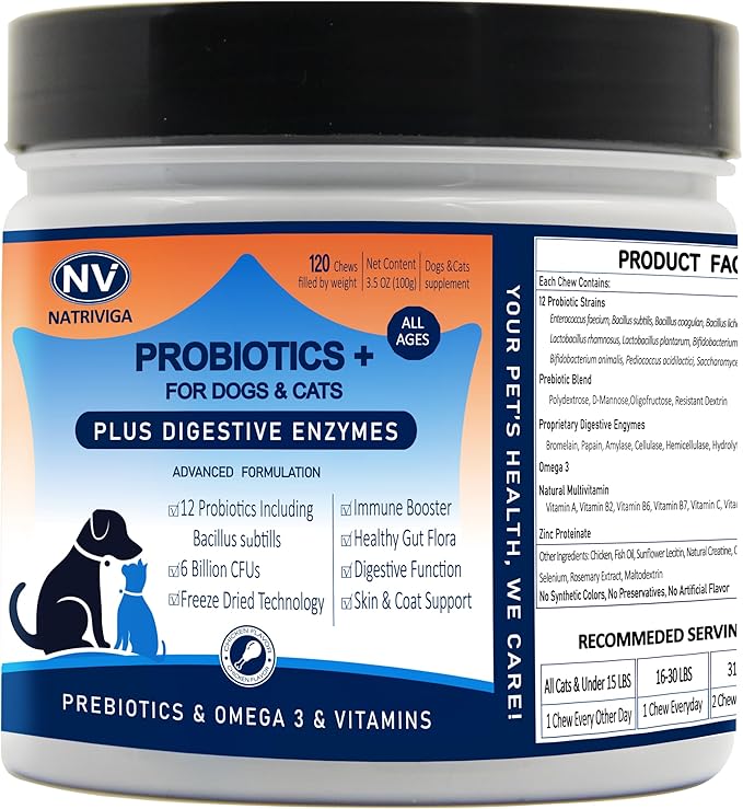 Freeze Dried Probiotics for Dogs - Chicken Flavor - 120 Chews - 6 Billion CFUs, 12 Strains + Prebiotics, Enzymes & Omega 3 for Gut Health, Digestive Health, and Skin & Coat Health