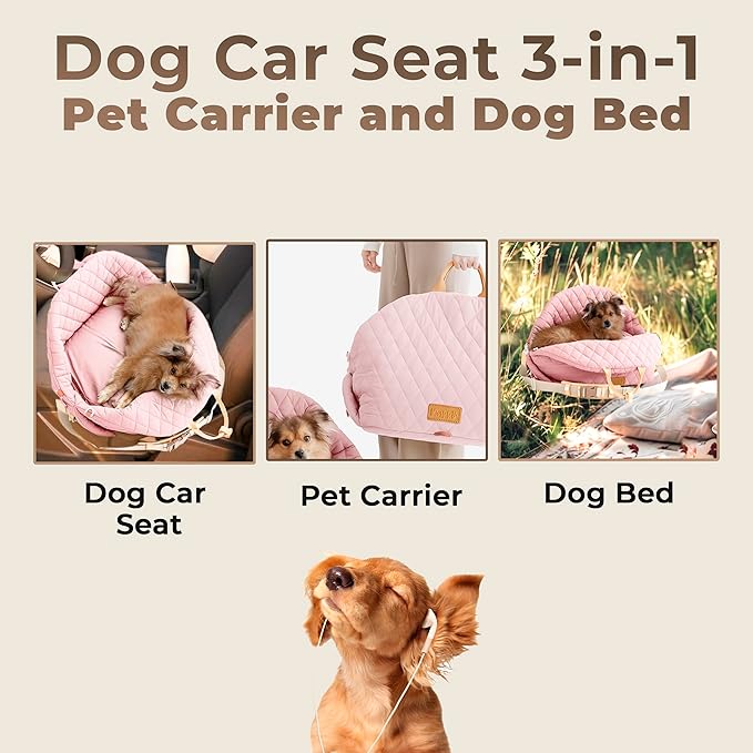 Dog Car Seat for Small Dogs – 3-in-1 Travel Carrier, Booster & Dog Bed for Car – Washable, Anti-Slip, Safety Straps – Fits Front & Back Seats – Cozy Pet Car Seat up to 25 lbs – Pink