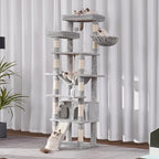 Heybly Tall Cat Tree, 78-inch Multi-Level Cat Tower for Indoor Cats, 2 Widened Plush Perches Cat Condo with Scratching Board and Big Caves, Light Gray HCT033W