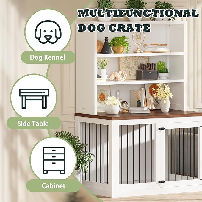 43 inches Furniture Style Dog Crate Wooden Dog Cage Indoor Heavy Duty Dog Kennel Decorative Pet Crate End Table for Large Medium Small Dog,White