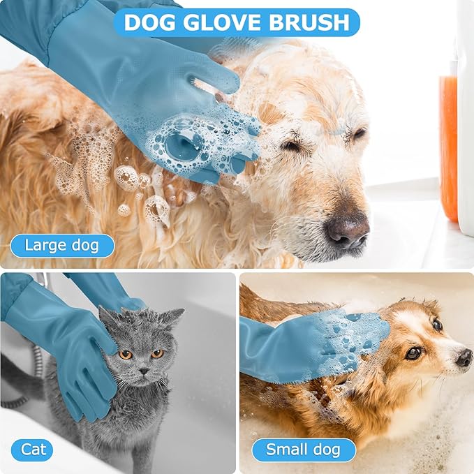 Dog Washing Gloves | Pet Grooming Gloves | Extra Long Arms (17.3") for Cats & Dogs | Massage & Hair Removal Pet Glove (Hazy Blue)