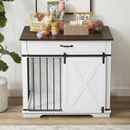 37.8'' Dog Crate Furniture with Storage Drawer, Decorative Wooden Dog Kennel with Sliding Barn Door, Indoor Water Resistant Cage for Pet, Small, Medium, Large Dog (White)