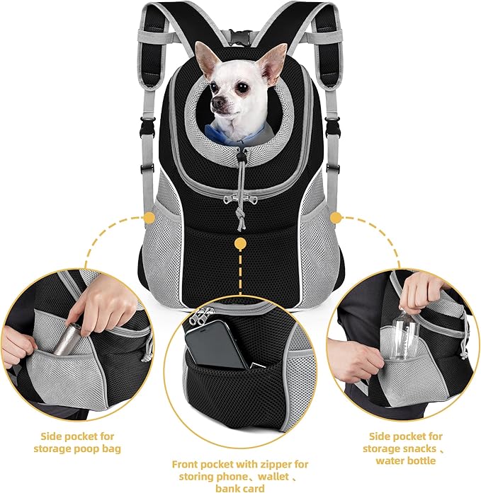 WOYYHO Pet Dog Carrier Backpack Small Dog Front Backpack Ventilated Dog Carrier Back Pack with Storage Pockets, Adjustable Straps & Safety Belt for Travel Hiking Outdoor (Size L: 10-14 lbs, Gray)