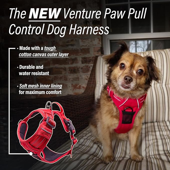 Doggie Design Venture Paw No Pull Dog Harness - Simple Adjustable Puppy Harness - Anti Pull Dog Collar for Walks and Outdoor Adventures - Crimson, S
