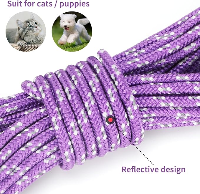 Rypet Reflective Cat Long Leash - 30 FT Escape Proof Walking Leads Yard Long Leash Durable Safe Personalized Extender Leashes Traning Play Outdoor for Kitten, Puppy, Rabbit and Small Animals(Purple-M)