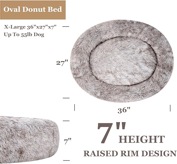 Coohom Oval Calming Donut Cuddler Dog Bed,Shag Faux Fur Cat Bed Washable Round Pillow Pet Bed(30"/36"/43") for Medium Dogs (XL(36"x27"x7"),Light Brown)