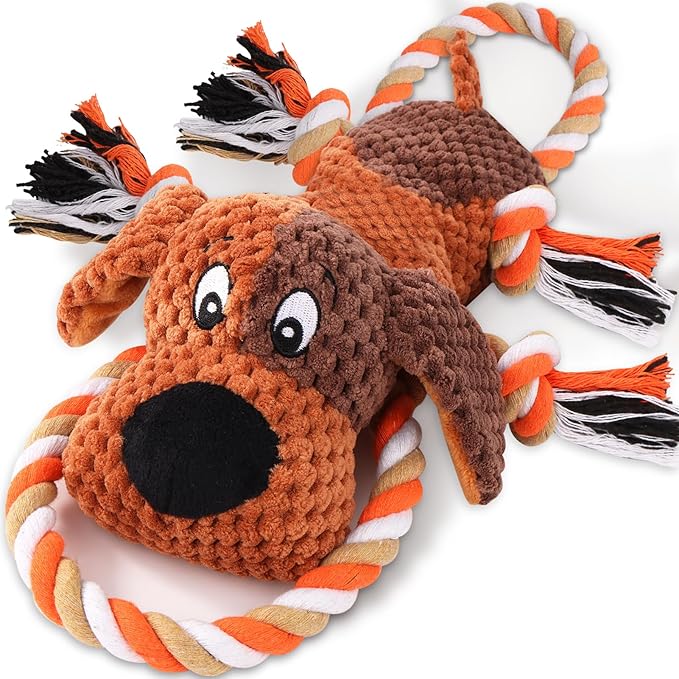 Plush Dog Toys with Rope, Squeaker & Crinkle Paper – Interactive Squeaky Chew Toy for Large Dogs & Puppies – Tough Pet Toy for Tug of War, Fetch & Dental Exercise