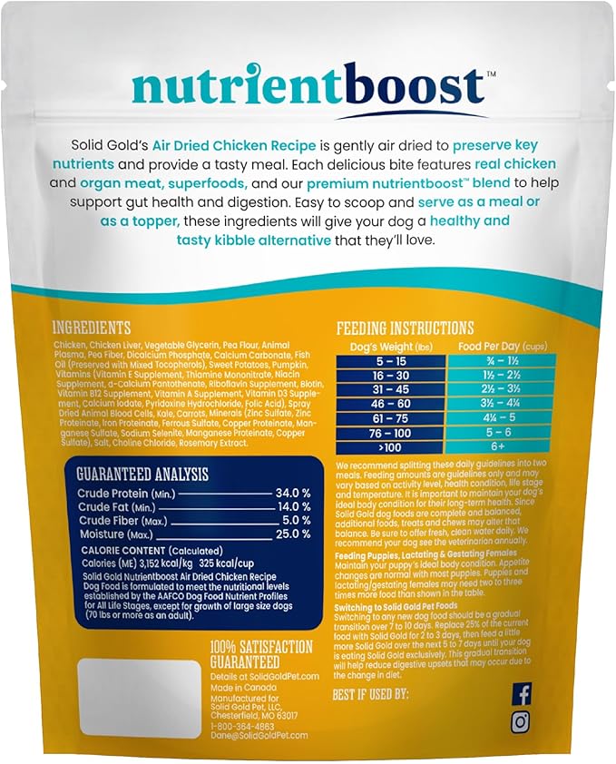 Solid Gold Air Dried Dog Food Toppers for Dry Food - Healthy Dog Treats w/Real Chicken & Superfoods - Serve as a Complete Meal, Topper or Treats - Supports Muscle Growth, Immunity & Digestion - 1lb