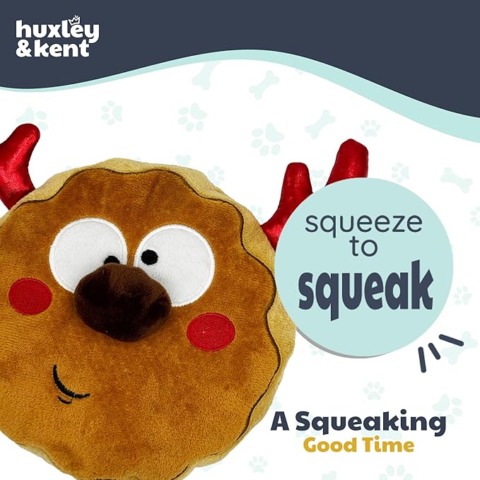 Huxley & Kent Funny Dog Toy w/Squeaker – Holiday Power Plush Squeaky Dog Toys for Small, Medium & Large Dogs – Soft Stuffed Animal for Indoor Play & Fetch - Gotta Dash Reindeer Cookie, Large