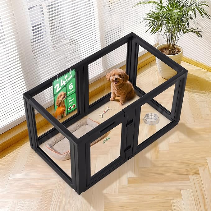 FXW AuraSpace Acrylic Indoor Dog Playpen for Puppies and Small Dogs, 24 Inch, 6 Panels, Black