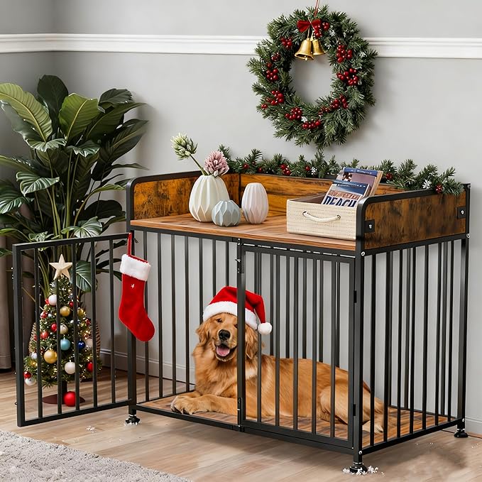 Large Dog Crate Furniture, Dog Kennel Indoor, Heavy Duty Dog Crate for Large Medium Dogs 42 Inch, Wooden Dog Cage Brown End Table with Table Guardrail
