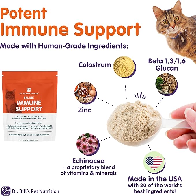 Dr. Bill’s Feline Immune Support | Boosts Cat Immunity and Health with Colostrum, Beta Glucan, Turkey Tail Mushroom, Zinc & Vitamin C | Powder Supplement for Cats of All Ages