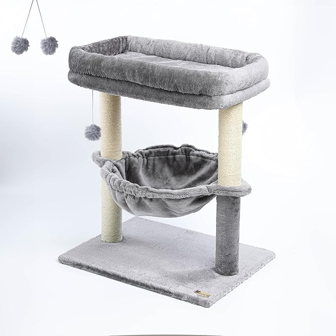 24-inch Cat Tree for Indoor Cats & Kittens – Multi-Level Cat Tower with Hammock & Scratching Post – Sturdy Perch for Large Cats – Space-Saving Small Cat Bed – Light Gray