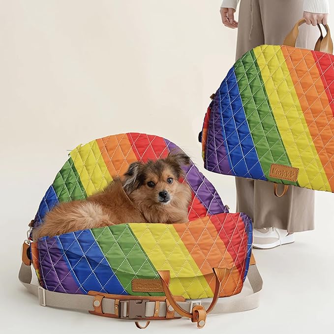 Dog Car Seat for Small Dogs – 3-in-1 Travel Carrier – Washable, Anti-Slip, Safety Straps – Fits Front & Back Seats – Cozy Pet Car Seat up to 25 lbs – Rainbow