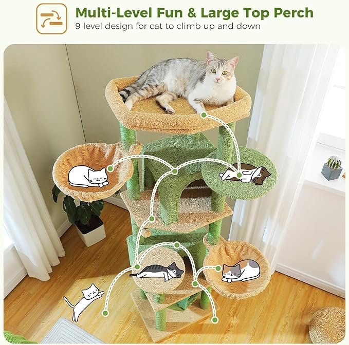 Tall Cactus Cat Tree for Indoor Cats Large Adult, 71.2" Multi-Level Cat Tower with 2 Spacious Condos, 3 Hammocks, Super Large Top Perch, 2 Pompoms, Green
