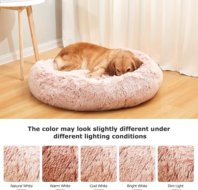 Bedfolks Calming Donut Dog Bed, 30 Inches Round Fluffy Dog Beds for Medium Dogs, Anti-Anxiety Plush Dog Bed, Machine Washable Pet Bed (Pink, Medium)