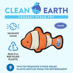 Spunky pup Clean Earth Plush Dog Toy with Squeaker - Recycled, Eco-Friendly, Floats for Beach, Lake, Pool - Clownfish