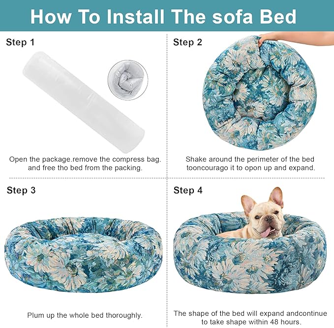 Dog Calming Beds for Small Medium Large Dogs - Round Donut Washable Puppy Dog Bed, Anti-Slip Faux Fur Fluffy Donut Cuddle Anxiety Cat Pet Bed (28" Flower)