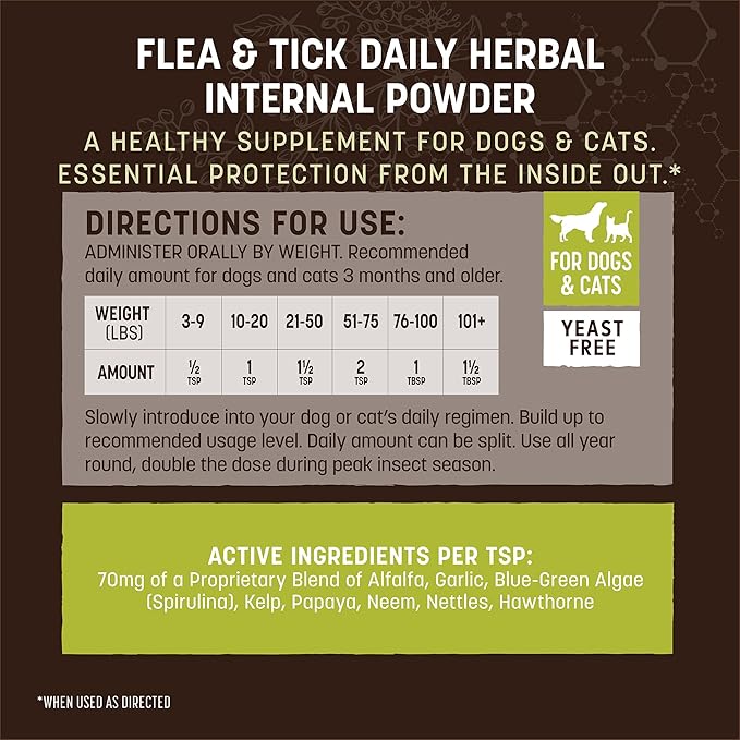 Earth Animal Apothecary Natural Flea & Tick - Daily Internal Herbal Powder Supplement for Dogs & Cats - 8 oz