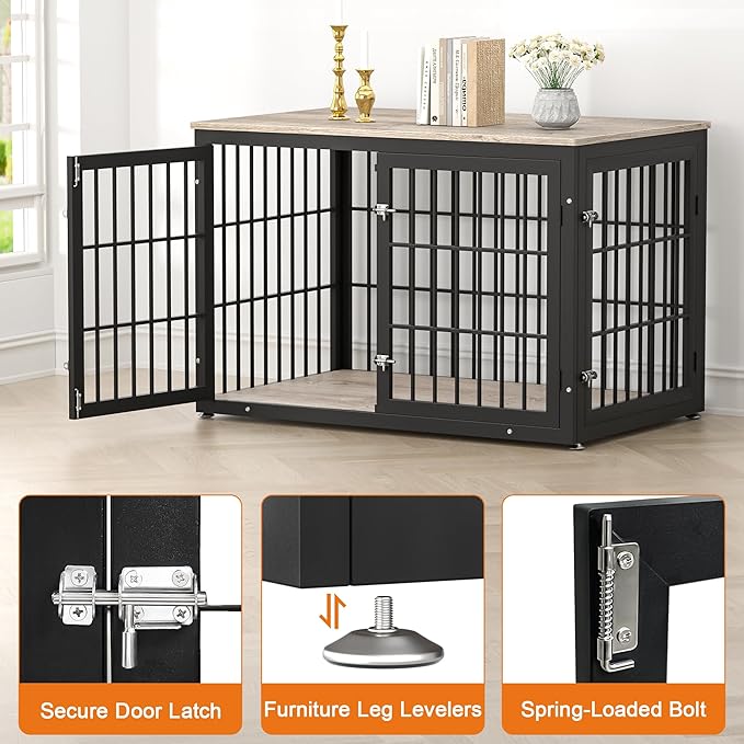 48 Inch Heavy Duty Dog Crate Furniture for Large and Medium Dogs, Decorative Pet House End Table, Wooden Cage Kennel Furniture Indoor, Grey