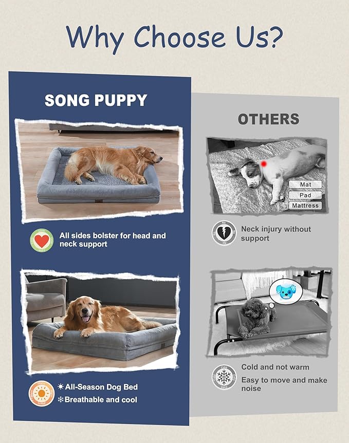 Orthopedic Washable Large Dog Bed, XL Dog Bed Egg-Crate Foam Bolster, Waterproof XL Big Pet Beds for Extra Large Dogs with Removable Cover, Gray