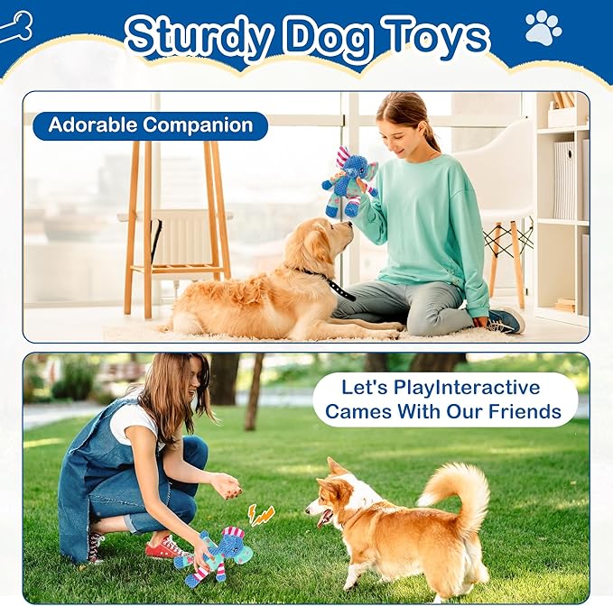 Elephant Indestructible Dog Toys - Squeak & Rope Toy for Large Dogs & Aggressive Chewers, Puppy Teething Toys