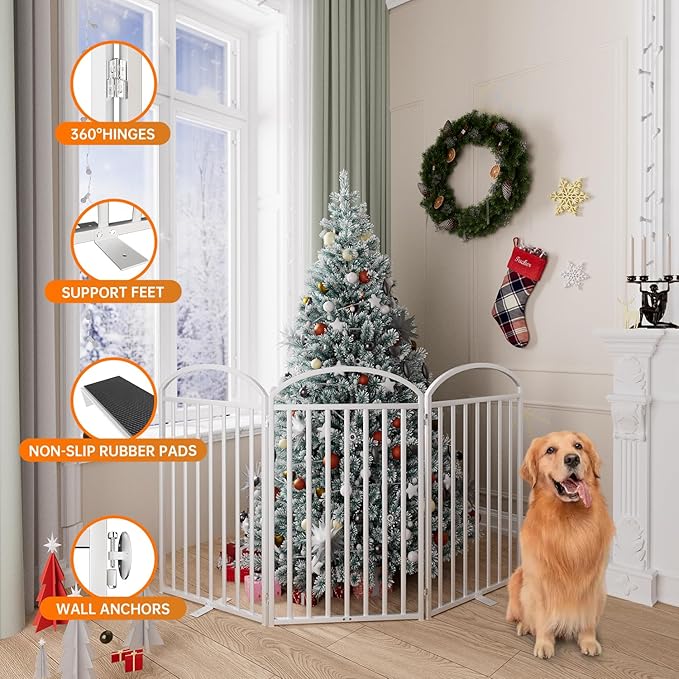 3 Panles Full Matel Freestanding Dog Gates with Door, 72"Extra Wide 36"Tall Free Standing Dog Pet Gate for Indoor & Outdoor. Foldable Pet Fences for Doorways, House, Stairs, Porch, Deck, Yard