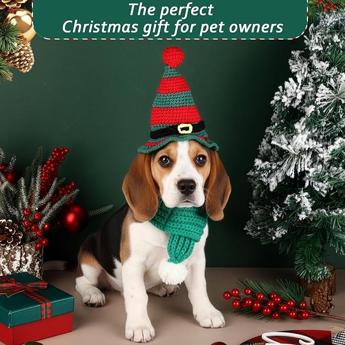 2 Pcs Cat Christmas Costume Cat Santa Hats with Scarf Pet Hat Scarf Set Pet Christmas Outfit Party Costume Supplies for Cats Small Dogs Puppy Accessories(Green,Belt Style)