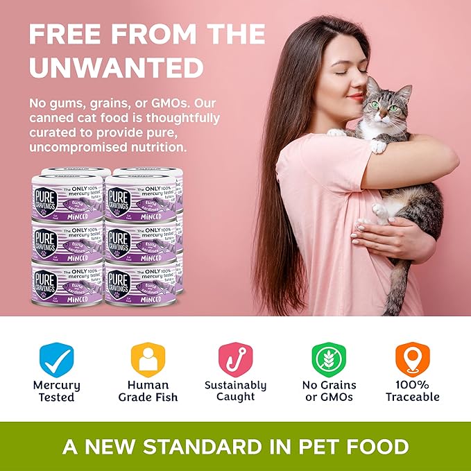 Minced Tuna and Sardines Wet Canned Cat Food, 100% Mercury-Tested, Moist Can Fish for Cats, Grain-Free, Protein, Non-GMO, 3oz, Pack of 12