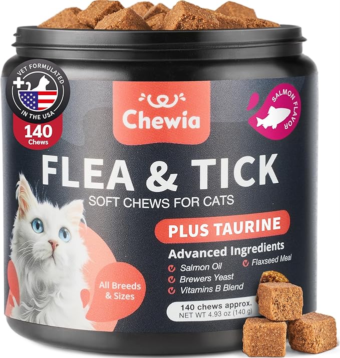 Flea Treatment for Cats - Daily Oral Cat Flea and Tick Chews - Chewable Tick Treatment Supplement for Kittens - Skin & Coat, Digestive Health Supplement - Alternative to Collars, Combs, Shampoos