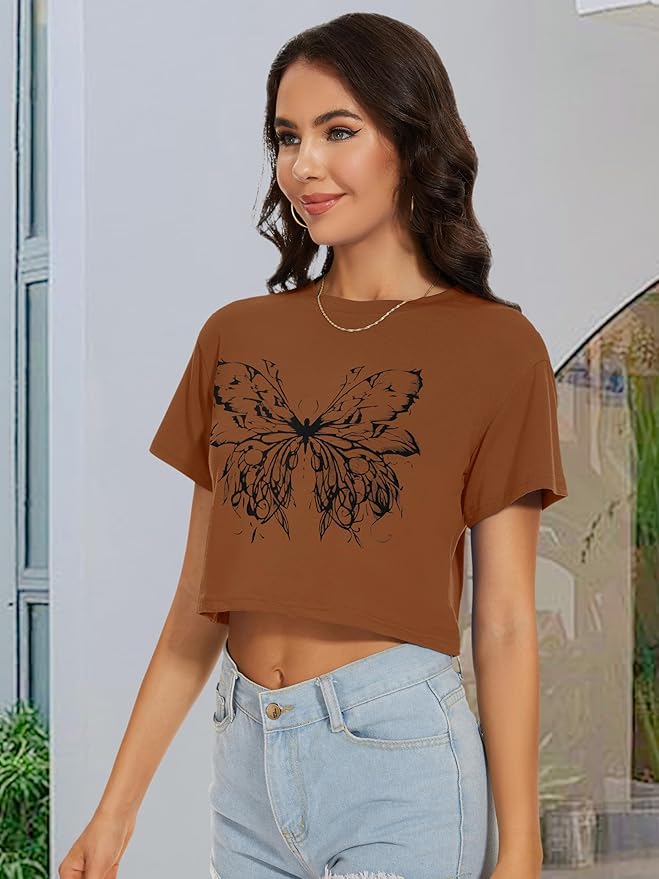 Womens Summer Crop Tops Short Sleeve Round Neck T-Shirts Loose Fit Casual Blouse