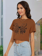 Womens Summer Crop Tops Short Sleeve Round Neck T-Shirts Loose Fit Casual Blouse