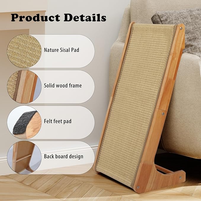 Sisal L Shaped Cat Scratcher - 28 Inch Cat Scratch Ramp for Indoor Cat use,Vertical Cat Scratching Post,Wooden Climbing Kitten/Cats Furniture(L Shape)