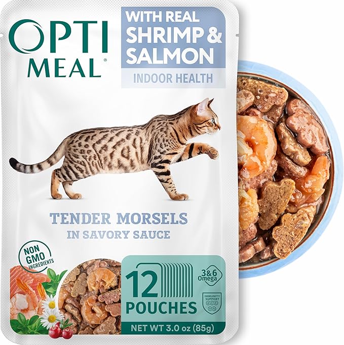 Optimeal Grain-Free Wet Cat Food Pouches – Shrimp & Salmon in Savory Gravy, High Protein & Moisture-Rich Tender Morsels, Indoor Adult Cat Wet Food with Natural European Ingredients, 3 oz (Pack of 12)