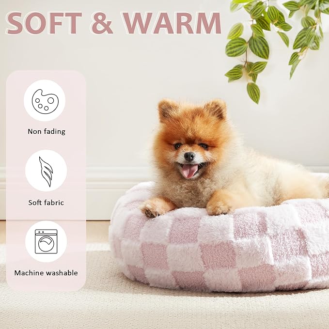 Love's cabin Round Donut Cat and Dog Cushion Bed, 20in Pet Bed for Cats or Small Dogs, Anti-Slip & Water-Resistant Bottom, Super Soft Durable Fabric Pet beds, Washable Luxury Cat & Dog Bed Pink Plaid