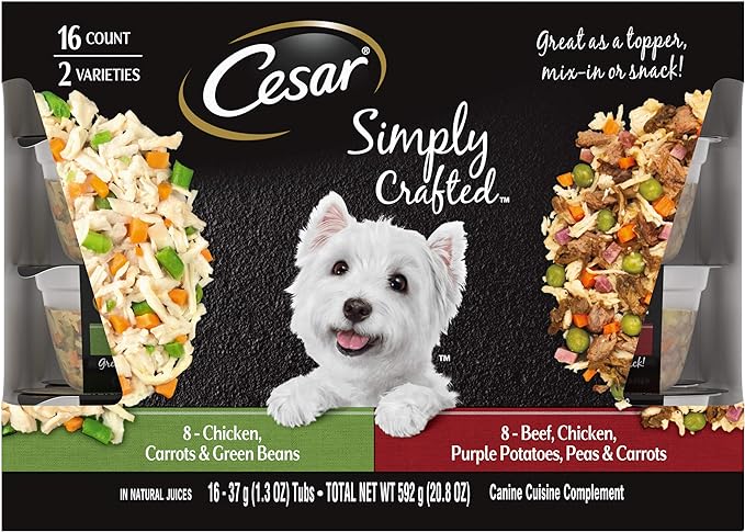 Cesar Simply Crafted Adult Wet Dog Food Meal Topper, Chicken, Carrots & Green Beans and Beef, Chicken, Purple Potatoes, Peas & Carrots Variety Pack, 1.3 oz. (16 Count, Pack of 1)