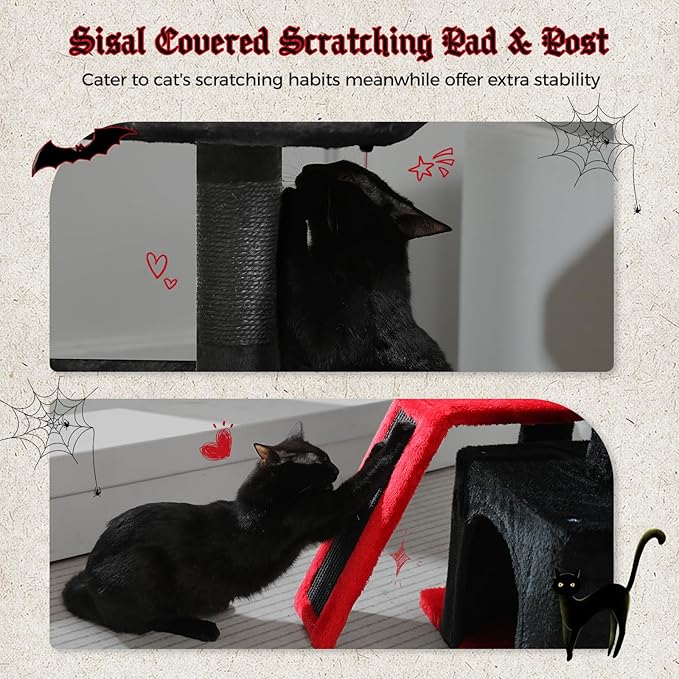 PETEPELA Gothic Cat Tree Tower for Indoor Cats, 31.5'' Small Cat Tower Condo with Sisal Scratching Ramp, Cozy Hammock and Removable Flower Cat Bed Perch for Kittens, Black