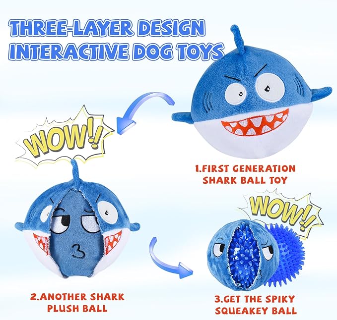 Squeaky Dog Toys for Aggressive Chewers(3in1), Interactive Durable Ball Chew Toys with Crinkle Paper & Tearable Plush, Puppy Teething Toys for Large, Medium & Small Dogs to Keep Them Busy(2Pack)