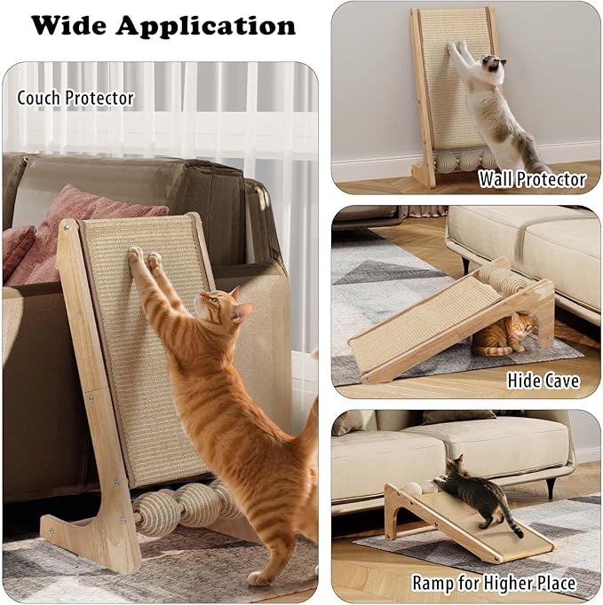 Cat Scratcher with Ball - 28 Inch Cat Scratch Ramp for Indoor,Wooden Climbing Cat Scratching Post Furniture (L with Ball)