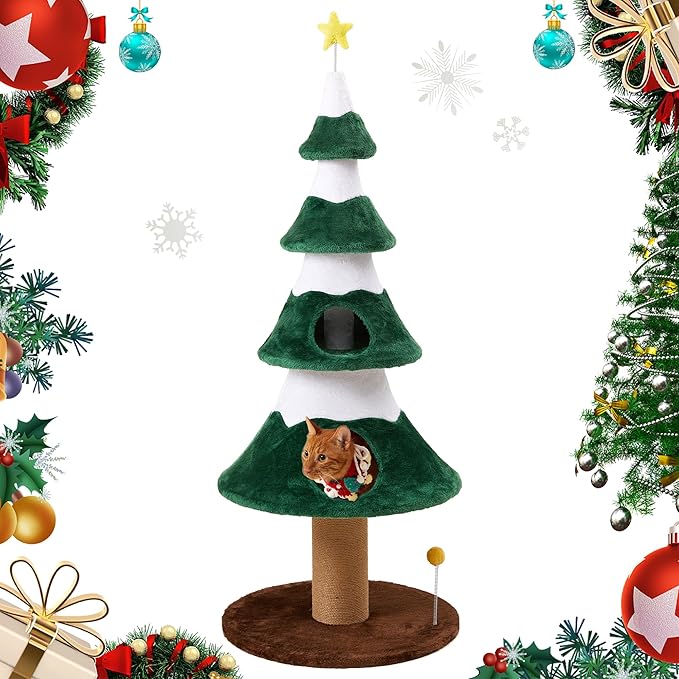 62" Christmas Tree Cat Tower for Indoor Cats, Multi-Level Wooden Cat Tree with Scratching Posts, Sisal Cat Scratcher & Cozy Cat Beds,Green