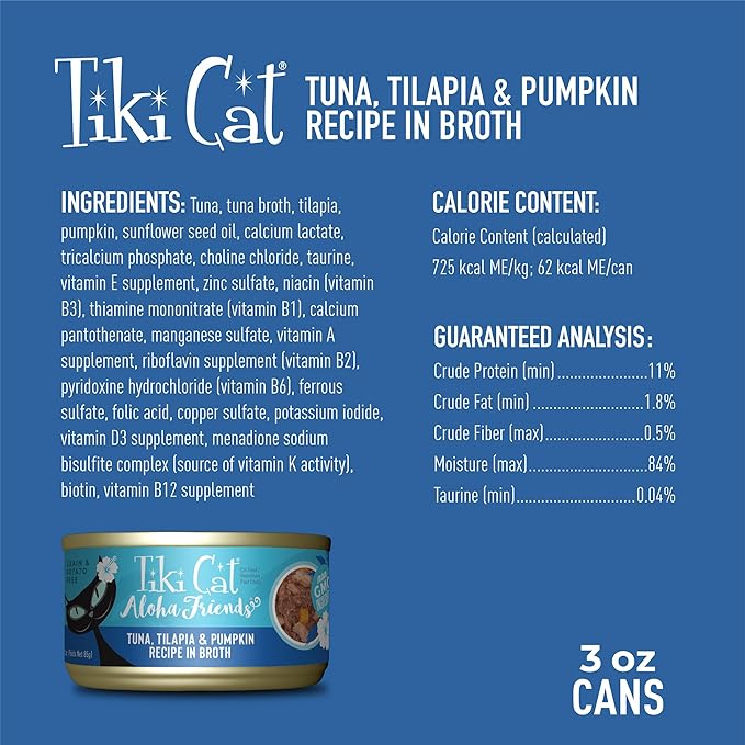 Tiki Cat Aloha Friends, Tuna, Tilapia & Pumpkin, Grain-Free & High Moisture, Wet Cat Food for All Life Stages 3 oz. Cans (Pack of 12)