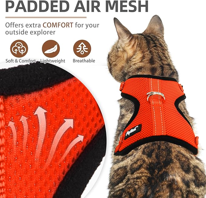 PUPTECK Cat Harness and Leash Set Escape Proof, Reflective Adjustable Soft Mesh Kitten Vest Harness for Walking Travel, Orange, M