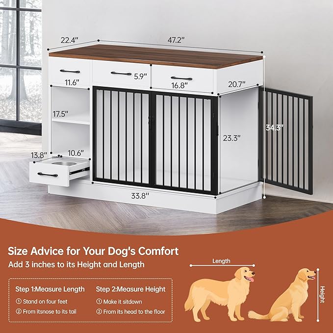 47.2" Large Dog Crate Furniture with 3 Storage Drawers & Hidden Bowl - Wooden Indoor Dog Kennel with Adjustable Shelf, 2 Doors for Small/Medium Dogs, Multi-Functional Pet Cage Furniture