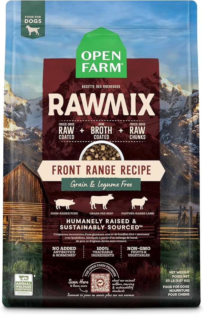 Open Farm, RawMix Grain-Free Dry Dog Food, Protein-Packed Kibble Coated in Bone Broth with Freeze Dried Raw Chunks, Beef Pork & Lamb, Front Range Recipe, 20lb Bag