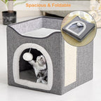 Heated Cat Bed Indoor w/ 12V Electric Heating Pad, Foldable Thermal Warming Heated Pet Bed House for Indoor Cats w/ Scratching Post, Covered Cat Cave Beds with Adjustable Temperature & Timer 16x16x15"