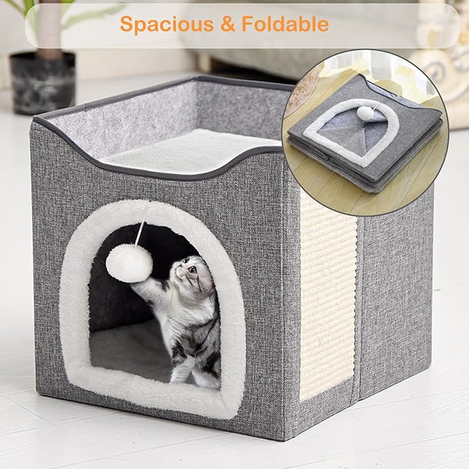 Heated Cat Bed Indoor w/ 12V Electric Heating Pad, Foldable Thermal Warming Heated Pet Bed House for Indoor Cats w/ Scratching Post, Covered Cat Cave Beds with Adjustable Temperature & Timer 16x16x15"