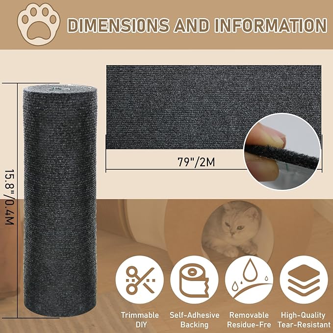 Cat Scratching Climbing Carpet Mat, Self-Adhesive Trimmable Anti Cat Scratcher Couch Furniture Protector from Cat Claws, Cat Post Covered Pad Replacement for DIY Cat Tree (Dark Gray, 15.8" x 79")